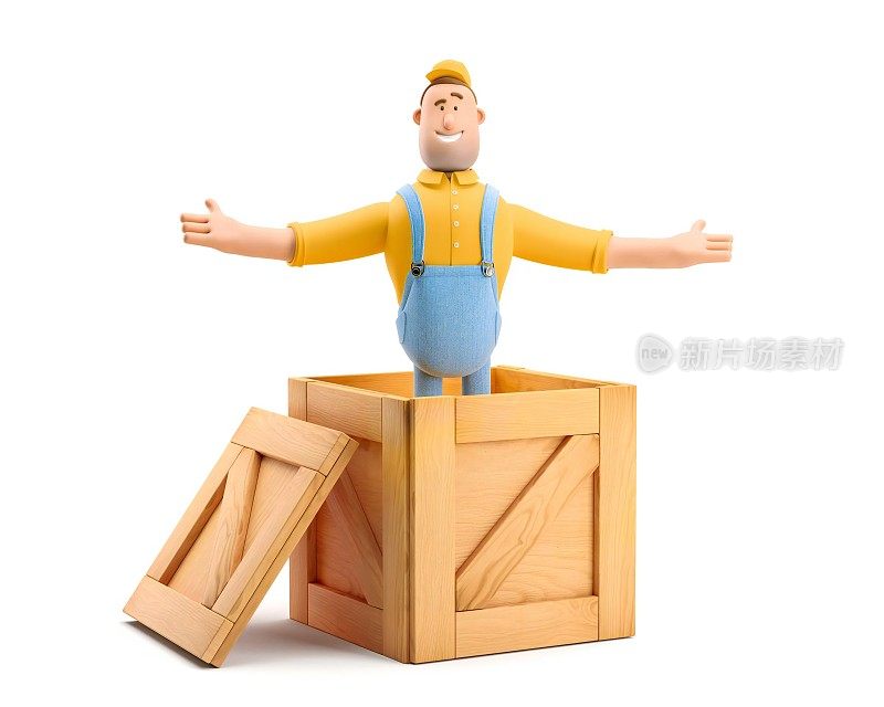 穿着工作服的快递员从一个木箱里跳出来。3 d演示。卡通人物。